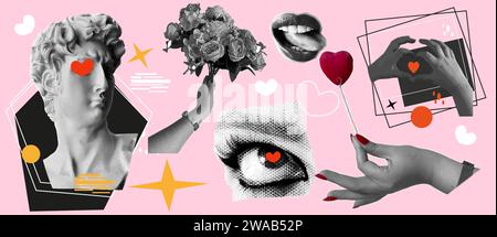 Set collage di mezzitoni per san valentino con fantasiose forme a doodle. Illustrazione vettoriale alla moda Illustrazione Vettoriale