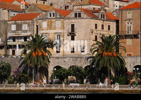 I turisti godono del sole estivo sul lungomare di Korčula nella contea di Dubrovnik-Neretva, Croazia. Foto Stock