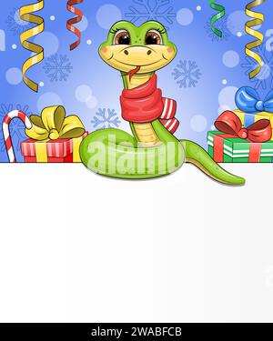 Biglietto per l'anno nuovo con un simpatico serpente verde cartoni animati in sciarpa rossa su sfondo blu con fiocchi di neve e regali. Illustrazione vettoriale natalizia con animale Illustrazione Vettoriale