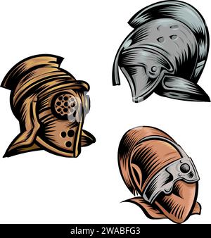 I caschi delle armature dei gladiatori romani rappresentano un'illustrazione vettoriale Illustrazione Vettoriale