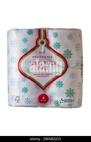 Carta igienica decorata M&S a 3 veli super morbida con un delizioso motivo natalizio isolato su sfondo bianco Foto Stock