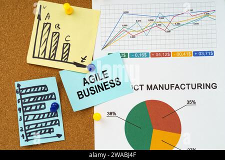 Concetto aziendale. Grafici e diagrammi di reporting sono appesi sulla bacheca, un adesivo con la scritta Agile Business Foto Stock