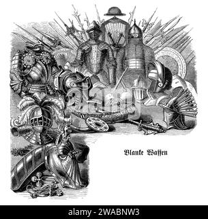 Bella pagina di capitolo con vignette di armi fredde di epoca medievale e rinascimentale: Coltelli, pugnali, spade, baionette, asce, mazze, lance, imbracature, archi, frecce e armature, caschi e scudi Foto Stock