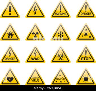 Raccolta di icone vettoriali che trasmettono avvertenze e avvisi: Simboli di attenzione, attenzione e sicurezza in triangoli gialli. Illustrazione Vettoriale