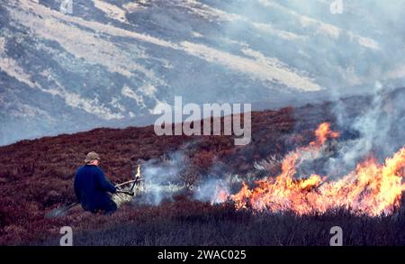 heather tradizionale che brucia sulle brughiere di Grouse in Scozia Foto Stock