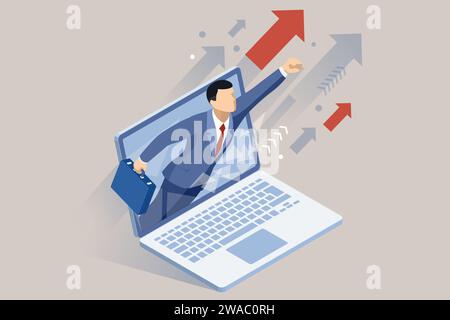 Uomo isometrico che possiede notebook scala la carriera, raggiungendo i suoi obiettivi di business plan, guadagnando promozioni e diventando un leader di successo e. Illustrazione Vettoriale