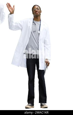 Un medico maschio, su sfondo bianco, a piena altezza, che gli saluta la mano Foto Stock