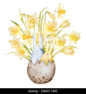 Il Clipart delle festività pasquali presenta Un bouquet di narcisi ad acquerello in una conchiglia con coniglietti decorativi Foto Stock