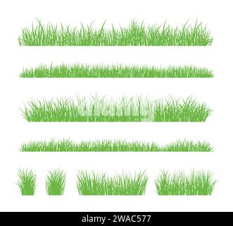 Silhouette in erba verde. Linee di cartoni animati di piante e arbusti per l'imbarco e l'inquadratura, elemento logo ecologico e organico. Semina di campi a molla con set vettoriale Illustrazione Vettoriale