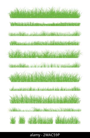 Silhouette in erba verde. Linee di cartoni animati di piante e arbusti per l'imbarco e l'inquadratura, elemento logo ecologico e organico. Semina di campi a molla con set vettoriale Illustrazione Vettoriale