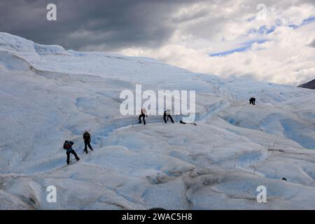I visitatori fanno trekking sul ghiacciaio Perito Moreno. Parco nazionale Los Glaciares. El Calafate. Provincia di Santa Cruz. Argentina Foto Stock