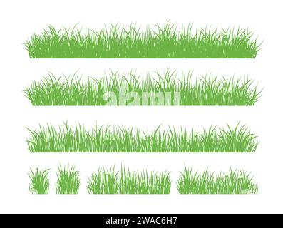 Silhouette in erba verde. Linee di cartoni animati di piante e arbusti per l'imbarco e l'inquadratura, elemento logo ecologico e organico. Semina di campi a molla con set vettoriale Illustrazione Vettoriale