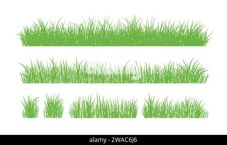 Silhouette in erba verde. Linee di cartoni animati di piante e arbusti per l'imbarco e l'inquadratura, elemento logo ecologico e organico. Semina di campi a molla con set vettoriale Illustrazione Vettoriale