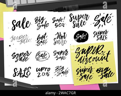 Icone e insegne per i set di vendita. Tipografia a pennello disegnata a mano con adesivi (donna sorpresa, labbra sorridenti, rossetto, stella) in stile pop art. Illustrazione vettoriale Illustrazione Vettoriale