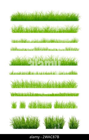 Silhouette in erba verde. Linee di cartoni animati di piante e arbusti per l'imbarco e l'inquadratura, elemento logo ecologico e organico. Semina di campi a molla con set vettoriale Illustrazione Vettoriale