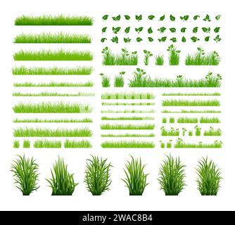 Silhouette in erba verde. Linee di cartoni animati di piante e arbusti per l'imbarco e l'inquadratura, elemento logo ecologico e organico. Semina di campi a molla con set vettoriale Illustrazione Vettoriale