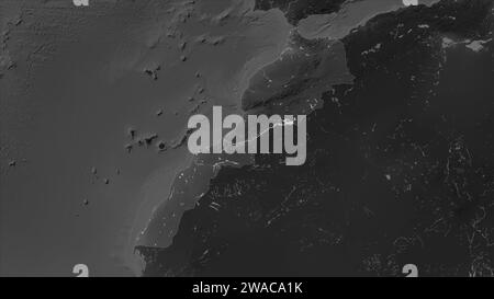 Marocco evidenziato su una mappa di elevazione in scala di grigi con laghi e fiumi Foto Stock