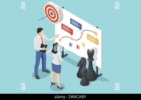 Isometric Business People Working on Project About Business Growth. Team di esperti per analisi dei dati, statistiche aziendali, gestione Illustrazione Vettoriale