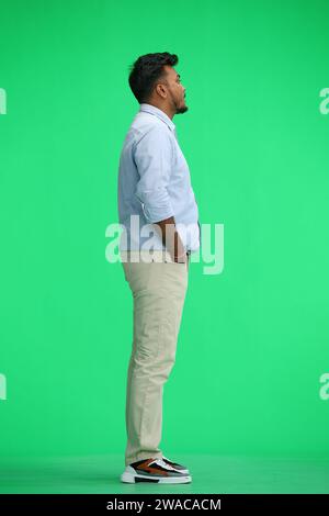 Un uomo con una camicia blu, su sfondo verde, a tutta altezza, guarda il suo orologio, in profilo Foto Stock