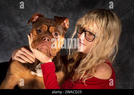 Amore gigante gentile: Un momento che fa scaldare il cuore si svolge mentre questo carino bullo XL fa venire l'affetto al proprietario, condividendo baci Foto Stock