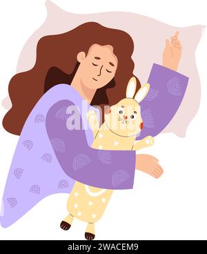 Simpatica donna addormentata con peluche coniglietto giocattolo. Tempo di relax e carattere femminile. Illustrazione vettoriale in stile piatto Illustrazione Vettoriale