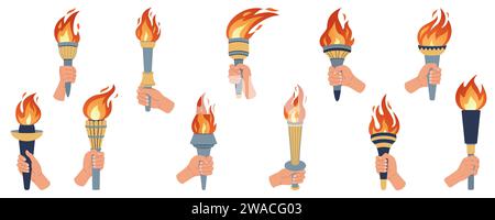 Mano che tiene una torcia. Insieme di vettori. Illustrazione vettoriale. Simbolo sportivo, disegno illustrativo vettoriale piatto. Torcia, Flame. Le torce di combustione isolate vettoriali si infiammano nelle mani. Illustrazione Vettoriale