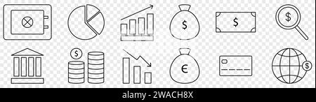 Set di icone delle linee di business e finanziarie. Illustrazione vettoriale isolata su sfondo trasparente Illustrazione Vettoriale