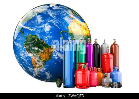 Globo di terra con diverse bombole di gas liquefatto industriali, rendering 3D isolato su sfondo bianco Foto Stock