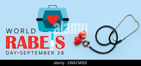 Banner di sensibilizzazione per la giornata Mondiale della rabbia con stetoscopio e cuori rossi Foto Stock