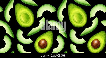 Motivo avocado senza cuciture. Avocado frutta fresca tropicale disegno ad acquerello illustrazione digitale. Sfondo nero. Per tessuti, carta, carta da parati, des Foto Stock