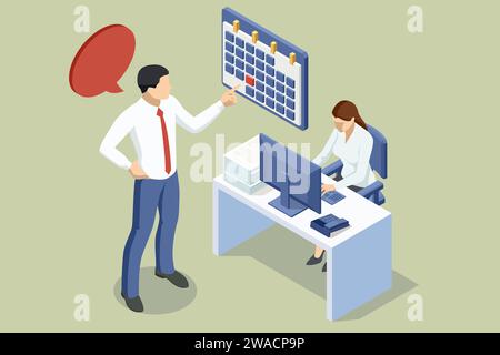 Isometric Project Manager in funzione, l'app Organizer con appuntamenti, messaggi Task Manager e pianificazione del progetto Illustrazione Vettoriale
