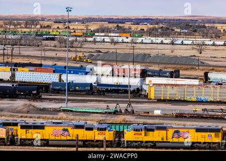 Bailey Yard, il più grande cantiere di classificazione ferroviaria del mondo, Union Pacific Railroad, North Platte, Nebraska, USA [nessun rilascio di proprietà; licenze editoriali Foto Stock