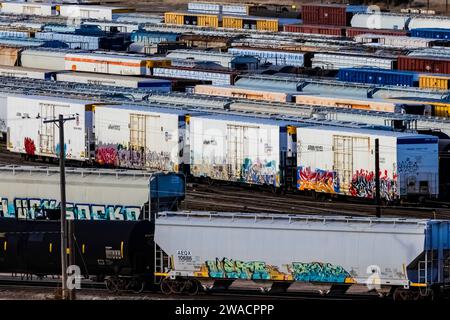 Bailey Yard, il più grande cantiere di classificazione ferroviaria del mondo, Union Pacific Railroad, North Platte, Nebraska, USA [nessun rilascio di proprietà; licenze editoriali Foto Stock