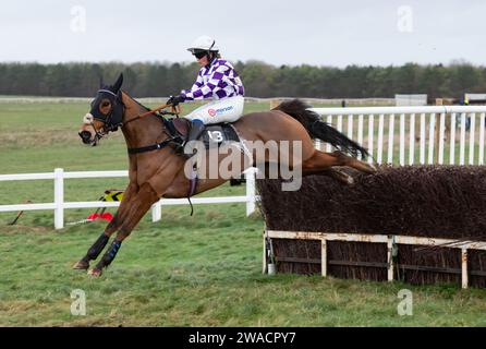 Viroflay e la jockey Miss Olive Nicholls vincono all'ippodromo di Larkhill, Wiltshire, Regno Unito la vigilia di Capodanno 2023 per i proprietari Mr John Bolton e Mr Paul Nicholls. Foto Stock