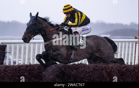 Wolf Walker e il fantino vinceranno all'ippodromo di Larkhill, Wiltshire, Regno Unito, la vigilia di Capodanno 2023 per l'allenatore Christopher Barber. Foto Stock