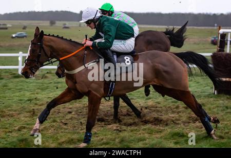 Azione dall'ippodromo di Larkhill, Wiltshire, Regno Unito, mentre il Larkhill Racing Club ha tenuto il loro incontro annuale di gara punto a punto la vigilia di Capodanno 2023. Foto Stock