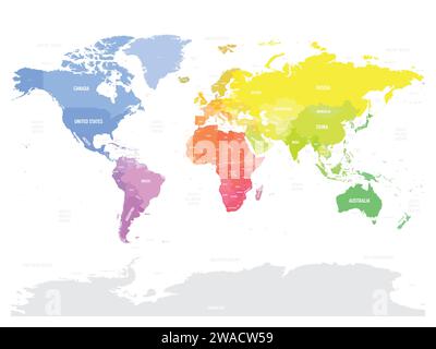 Mappa del mondo. Mappa politica del mondo in bianco e dettagliata. Mappa colorata su sfondo bianco. Illustrazione Vettoriale