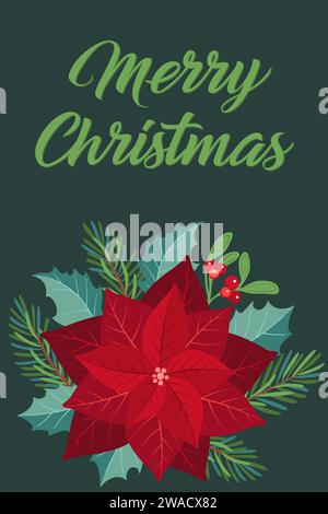 Biglietto d'auguri di Natale con abete, poinsettia e bacca holly. Illustrazione vettoriale. Vi auguro un buon Natale. Illustrazione Vettoriale