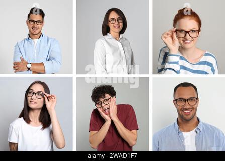 Molte persone con occhiali su sfondo chiaro, raccolta di foto Foto Stock