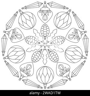 Pagina da colorare per i mandala natalizi per bambini e adulti. Varie decorazioni dell'albero di Natale disposte in un mandala. Illustrazione delle vacanze invernali. Pagina da colorare, bianco e nero, grafica a linee, stampa e colore. Illustrazione Vettoriale
