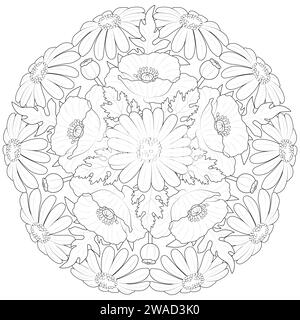 Mandala di fiori primaverili. camomilla, papaveri in bianco e nero. Modello rotondo pagina da colorare per bambini e adulti. Illustrazione vettoriale Illustrazione Vettoriale