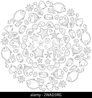 Mandala di mare con pesci e stelle marine. Pagina da colorare anti anti-stress per bambini e adulti. Conchiglie, stelle marine, oceano. Disegni bellissimi con piccoli dettagli. Libro da colorare. Illustrazione vettoriale. Illustrazione Vettoriale