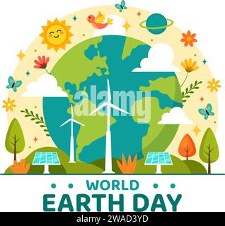 World Earth Day Vector Illustration il 22 aprile con World Map and Plants or Trees for Greening Awareness in Environment Flat Cartoon background Illustrazione Vettoriale