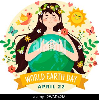 World Earth Day Vector Illustration il 22 aprile con World Map and Plants or Trees for Greening Awareness in Environment Flat Cartoon background Illustrazione Vettoriale