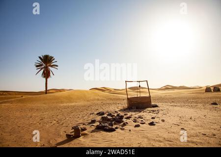 Pozzo d'acqua vecchio nel deserto con palme e dune sullo sfondo Foto Stock