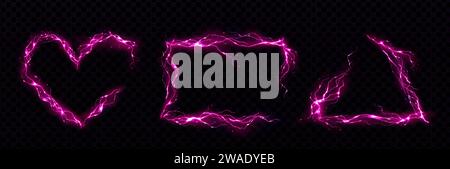 Cornici rosa realizzate con fulmini al neon. Set vettoriale realistico di bordi rettangolari, triangolari e a forma di cuore da tuoni. Struttura per energia elettrica magica su sfondo scuro trasparente Illustrazione Vettoriale