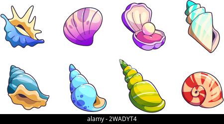 Set di risorse di gioco per conchiglie marine e imbarcazioni. Collezione di illustrazioni vettoriali per cartoni animati con conchiglie sottomarine per grafica grafica grafica. Coloratissimi piatti nautici o acquari con corna, chiocciola e capesante. Illustrazione Vettoriale