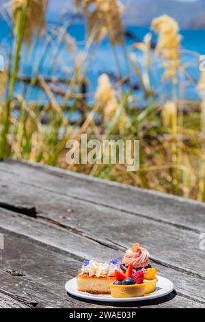 Il tradizionale tè pomeridiano servito dalla Walter Peak High Country Farm a queenstown, nuova zelanda. goditi un tour nelle fattorie e assisti alla dimostrazione dei cani da pecora Foto Stock