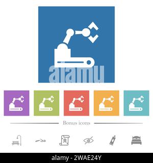 Icone bianche piatte del braccio robotizzato su sfondi quadrati. 6 icone bonus incluse. Illustrazione Vettoriale