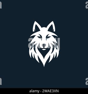 Maestoso emblema della silhouette White Wolf su sfondo blu intenso che raffigura forza e natura selvaggia Illustrazione Vettoriale